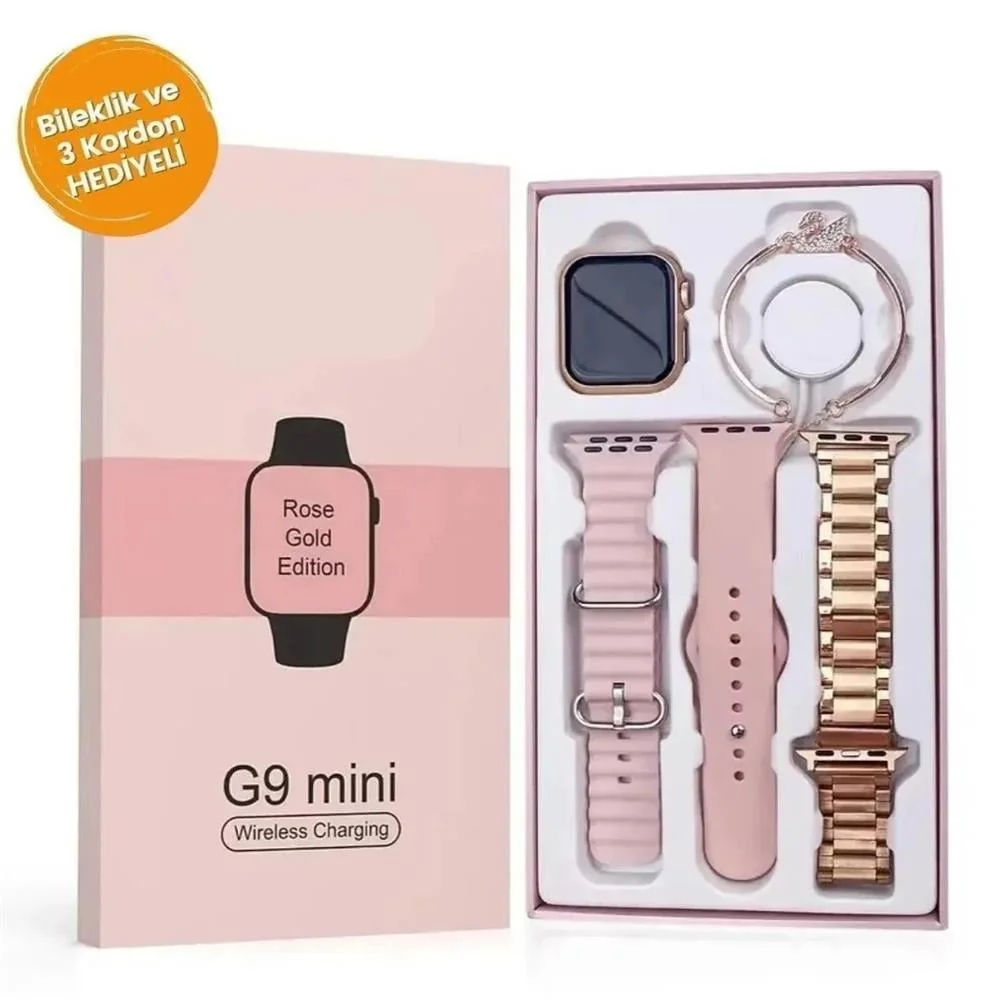 3 Kordonlu Rose Gold Kadın Akıllı Saat Seti + Bileklik Hediyeli G9 Mini