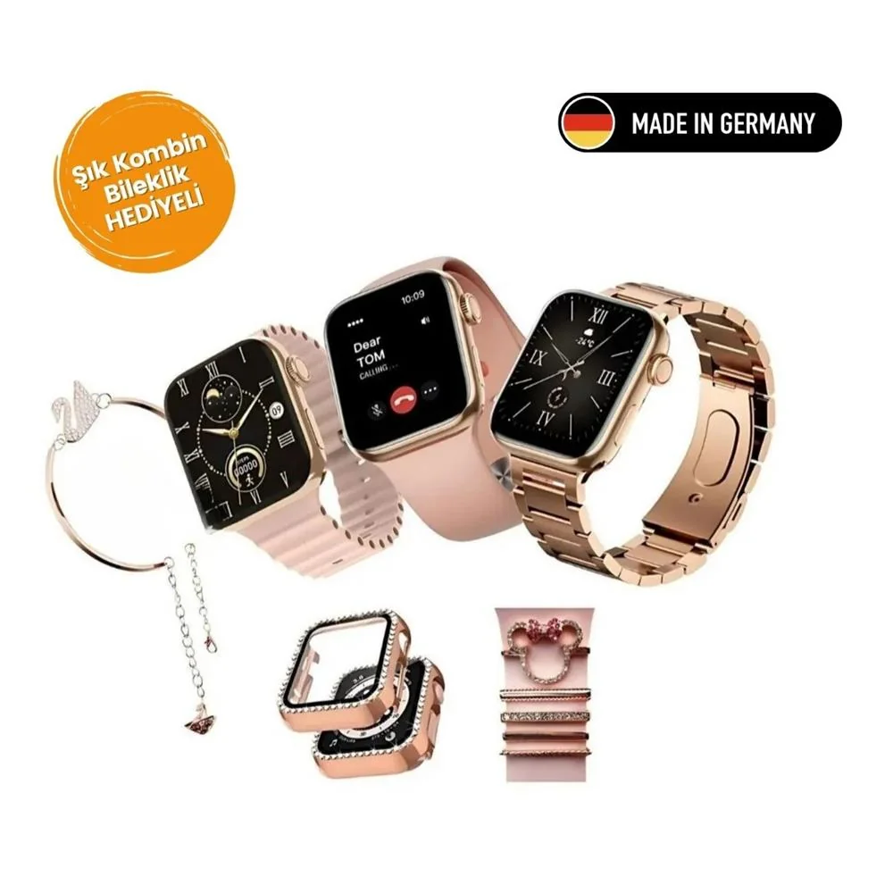 3 Kordon & Charmlı Rose Gold Akıllı Saat Seti + Bileklik Hediyeli G9 Mini
