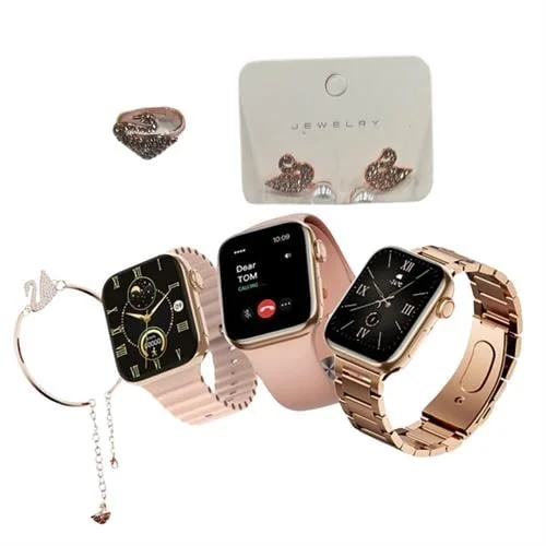 3 Kordonlu Bileklik Küpe Ve Yüzük Hediyeli Akıllı Saat Rose Gold