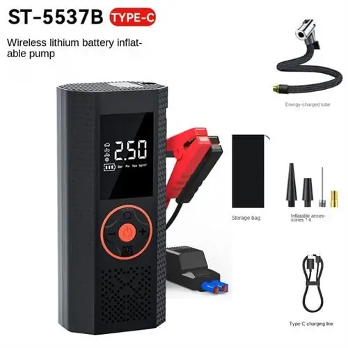 ST-5537 12000 mah Akü Takviye Cihazı Şarjlı Taşınabilir Hava Kompresörü Dijital Ekranlı Araç Lastik Bisiklet Top Şişirme Güçlü Motorlu Araç Pompası Powerbank